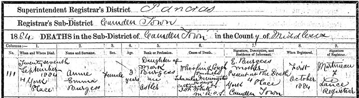 Death certificate for Annie Emma Burgess